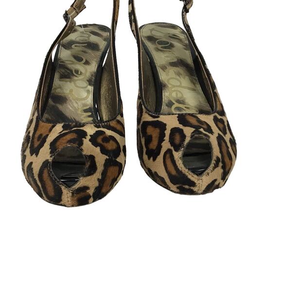 Sam Edelman Penelope Calf Hair Leather Nude Leopard Pump Peep Toe Heel 7.5 7 1/2 - Picture 9 of 16